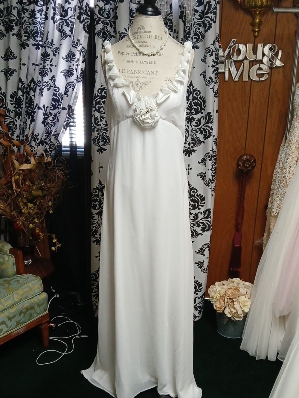 Sara Cream Floral-Accent Maxi Gown
